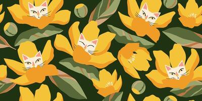 naadloos patronen met bloemen en kittens voor kleding stof, textiel, muur kunst, poster, omslag, banier, interieur decor, kat hoofden met bloemen achtergronden. vector