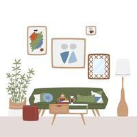 leven kamer met huis decor in midden in de eeuw stijl. groen lang sofa met veel kussens en elegant verdieping lamp. binnen- rommelig retro modern interieur ontwerp. lounge zone hand- getrokken vlak illustratie vector