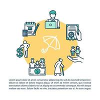 algemene verzekering concept icoon met tekst. beleidsplan. levensverzekering van kinderjaren tot pensioen. ppt pagina vector sjabloon. brochure, tijdschrift, boekje ontwerpelement met lineaire illustraties