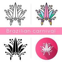 Braziliaanse carnaval hoofddeksels pictogrammen instellen. lineaire, zwarte en rgb-kleurstijlen. kroon met plantenbladeren en juwelen. traditionele slijtage. etnisch feest. maskerade parade. geïsoleerde vectorillustraties vector