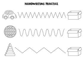 traceren lijnen voor kinderen met kinderen speelgoed en doos. zwart en wit werkblad. vector