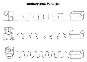 traceren lijnen voor kinderen met kinderen speelgoed en doos. zwart en wit werkblad. vector