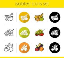 supermarkt producten categorieën pictogrammen instellen. plat ontwerp, lineaire, zwarte en kleurstijlen. fruit, groenten en bessen. geïsoleerde vectorillustraties vector