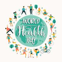 Wereldgezondheidsdag. Vectorillustratie van mensen die een actieve gezonde levensstijl leiden. vector