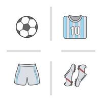 voetbal gekleurde pictogrammen instellen. tenue en bal van een voetballer. overhemd, laarzen en korte broek. geïsoleerde vectorillustraties vector
