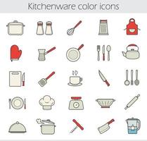 kookinstrumenten gekleurde pictogrammen instellen. keukengereedschap en apparaten. huishoudelijke kookgerei. thee en koffie artikelen. apparatuur van de restaurantchef. geïsoleerde vectorillustraties vector