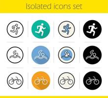 sport pictogrammen instellen. plat ontwerp, lineaire, zwarte en kleurstijlen. hardlopen, zwemmen en fietsen symbolen. loper, zwemmer en fiets. geïsoleerde sportactiviteiten vectorillustraties vector