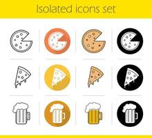 pizzeria pictogrammen instellen. plat ontwerp, lineaire, zwarte en kleurstijlen. pizzapunt, schuimige bierpul. geïsoleerde vectorillustraties vector