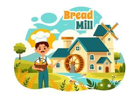 brood molen illustratie met tarwe zakken, divers brood en windmolen voor Product bakkerij in vlak tekenfilm achtergrond ontwerp vector