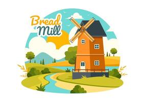 brood molen illustratie met tarwe zakken, divers brood en windmolen voor Product bakkerij in vlak tekenfilm achtergrond ontwerp vector