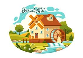 brood molen illustratie met tarwe zakken, divers brood en windmolen voor Product bakkerij in vlak tekenfilm achtergrond ontwerp vector