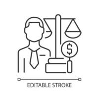 financiële examinator lineaire pictogram. risicogerichte deskundige op het gebied van financieel onderzoek. deskundige op het gebied van naleving van de wet. dunne lijn aanpasbare illustratie. contour symbool. vector geïsoleerde overzichtstekening. bewerkbare streek