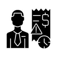 verzamelaar zwart glyph-pictogram. persoon die achterstallige betalingen op rekeningen terugkrijgt. incasso makelaar. specialist debiteuren opsporen. silhouet symbool op witte ruimte. vector geïsoleerde illustratie