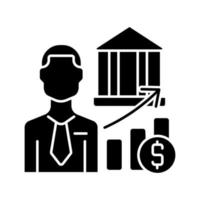 investeringsbankier zwart glyph-pictogram. medewerker financiële instelling. vermogensmarkt en financieel adviseur. specialist in kapitaalverwerving. silhouet symbool op witte ruimte. vector geïsoleerde illustratie