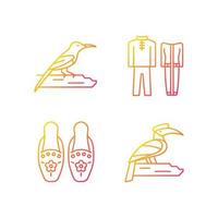 singaporese vogelsoorten gradiënt lineaire vector iconen set. traditionele singapore kostuum. pantoffels met kralen. tropische vogel. dunne lijn contour symbolen bundel. geïsoleerde overzicht illustraties collectie