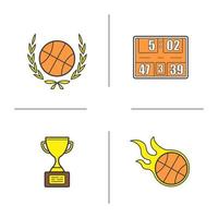 basketbal kampioenschap gekleurde pictogrammen instellen. basketbalbal in lauwerkrans, scorebord, vliegende brandende bal, gouden prijswinnaar. geïsoleerde vectorillustraties vector