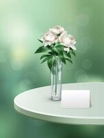 een vaas met bloemen Aan een tafel en een Notitie dat zegt bloemen vector