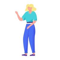 staande jonge vrouw platte vectorillustratie. actieve sociale student in vrijetijdskleding. dansende jongere. Full body gebaren blond meisje geïsoleerd stripfiguur op witte achtergrond vector