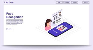 faceprint analyse webpagina vector sjabloon met isometrische illustratie. gezichtsherkenning. biometrische identificatie. gezichtsherkenning scanner. ontwerp van de website-interface. webpagina, 3D-concept voor mobiele apps