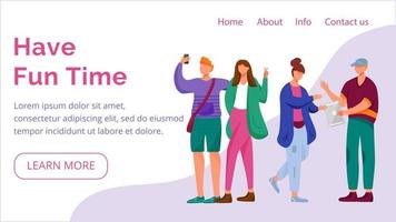 veel plezier tijd bestemmingspagina vector sjabloon. millennials website-interface-idee met platte illustraties. lay-out van de startpagina van blogs. tieners levensstijl webbanner, webpagina cartoon concept