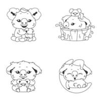 schattig koala kawaii lineair karakterpakket. schattig en grappig dier dat op de maan slaapt, eucalyptus geïsoleerde stickers, patches eet. anime baby koala doodle emojis dunne lijn iconen set vector