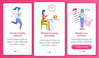 vrouw gezonde levensstijl onboarding mobiele app scherm vector sjabloon. voedingsschema, stappen voor gewichtsbeheersing website met platte karakters. ux, ui, gui smartphone cartoon interface concept