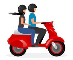 scooter taxi platte vectorillustratie. vriend en vriendin rijden motorfiets stripfiguur geïsoleerd op een witte achtergrond. paar rode motor rijden. jonge jongen en meisje op moto bike vector