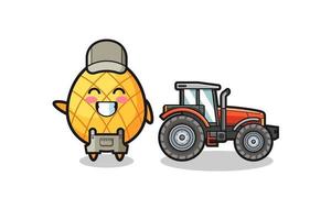 de mascotte van de ananasboer die naast een tractor staat vector