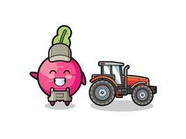 de mascotte van de radijsboer die naast een tractor staat vector