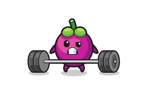 cartoon van mangosteen die een halter optilt vector