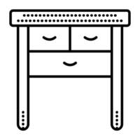nachtkastje tafel, dressoir bureau met lang poten en drie lades, voorkant visie, single zwart lijn illustratie, schets monochroom teken vector