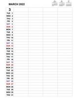 maart 2022, kalendersjabloonontwerp voor zakelijke maandelijkse planner en notities. week begint op zondag, maandelijkse planner voor 2021 jaar en vectorontwerp voor briefpapier. vector