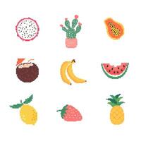 pixel kunst fruit verzameling. banaan, limondraak fruit, enz. vector