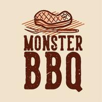t-shirt ontwerp monster bbq met gegrild vlees vintage illustratie vector