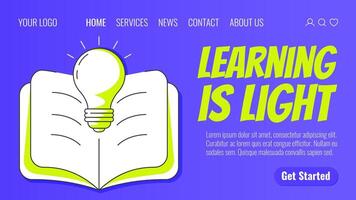 Open boek met licht lamp. aan het leren is licht, terug naar school, onderwijs concept. modern sjabloon voor web, banier, poster, landen bladzijde, website. vector