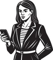 een vrouw is Holding een telefoon en op zoek Bij haar telefoon. vector