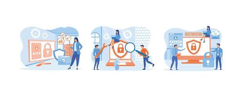 privacy gegevens bescherming in internetten, virtueel privaat netwerk concept. persoonlijk ID kaart gegevens het dossier bescherming concept. gegevens veiligheid en privacy en internet veiligheid. reeks vlak modern illustratie vector