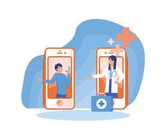 mobiel telegeneeskunde smartphone toepassing vrouw dokter. nuttig mobiel apparaat gereedschap voor beheren gezondheidszorg onderhoud, geduldig afgelegen professioneel overleg. vlak modern illustratie vector