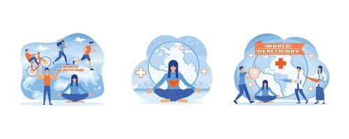 wereld Gezondheid dag 7 april. Dames vieren wereld Gezondheid dag met yoga. gezondheidszorg en leven verzekering concept. reeks vlak modern illustratie vector