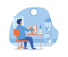 online interview. van een Mens pratend naar een jong vrouw Aan een telefoontje Aan zijn computer. vlak modern illustratie vector