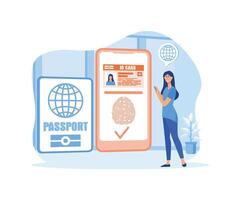 slim ID kaart kaart. biometrisch documenten in smartphone app. elektronisch identiteit kaart. digitaal paspoort en bestuurder licentie. vlak modern illustratie vector