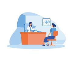 vrouw pratend met vrouw dokter in kantoor. geduldig hebben overleg over ziekte symptomen met dokter therapeut in ziekenhuis. vlak modern illustratie vector