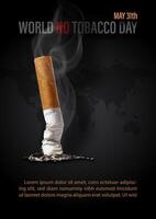 poster campagne van wereld Nee tabak dag met formulering van evenement en voorbeeld teksten Aan wereld kaart en zwart achtergrond. vector