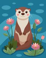 schattig Otter met water lelies, vlak illustratie vector