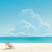 tropisch blauw zee met strand en stoel grafisch geïllustreerd hebben blauw lucht plein achtergrond. zeegezicht hebben blanco ruimte. vector