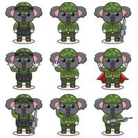 schattig koala soldaat in camouflage uniform. tekenfilm grappig koala soldaat karakter met helm en groen uniform in verschillend posities. grappig dier illustratie set. vector