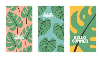 Hallo zomer poster reeks met tropisch bladeren in vlak stijl. kunst voor poster, ansichtkaart, muur kunst, banier achtergrond vector