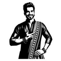 zwart en wit silhouet van een Indisch vent in een positief gelukkig houding vector
