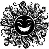 zwart en wit silhouet van een zon symbool met een glimlachen gelukkig gezicht vector