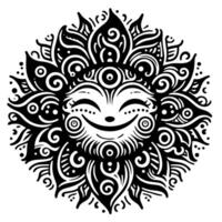 zwart en wit silhouet van een zon symbool met een glimlachen gelukkig gezicht vector